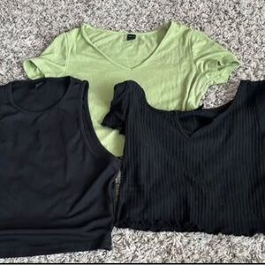 SHEIN Green and Black Ribbed Crop Tops Short Sleeve
